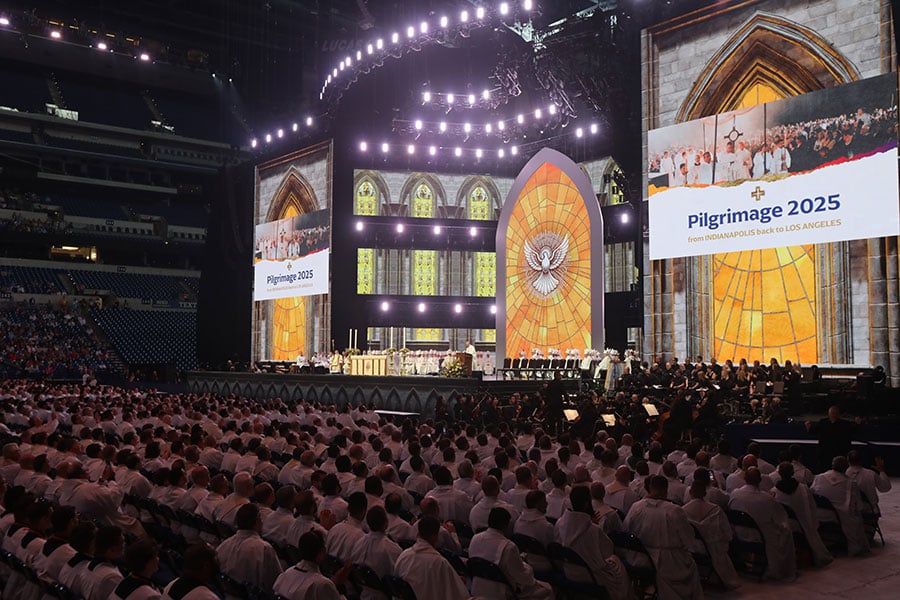 Bishop Andrew H. Cozzens of Crookston, Minn., chairman of the board of the National Eucharistic Congress Inc., announces July 21, 2024 -- the final day of the National Eucharistic Congress at Lucas Oil Stadium in Indianapolis -- that a Eucharistic pilgrimage from Indianapolis to Los Angeles is being planned for spring 2025. Congress organizers were also considering holding an 11th National Eucharistic Congress in 2033. (OSV News photo/Bob Roller)